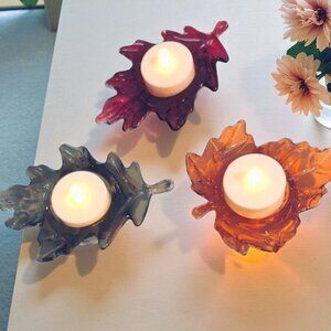 3 Fall Leaves Glass LED Tea Light Votive Candle Holders